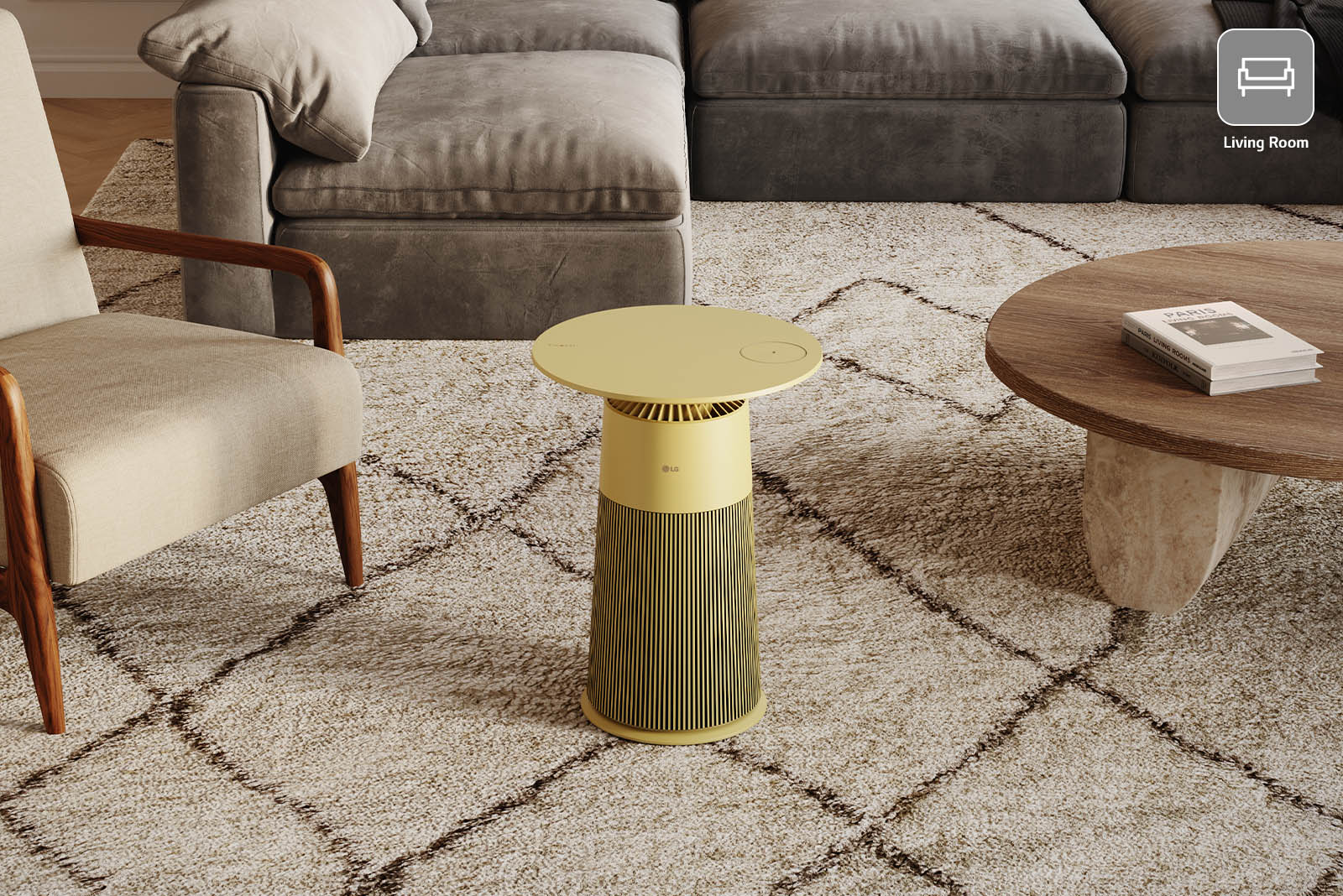 The product is placed on the carpet. The yellow product is becoming the point of the living room.